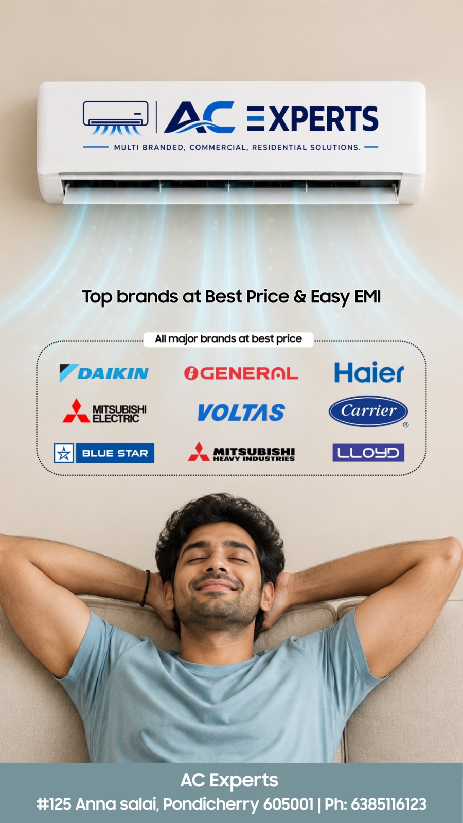 Happy homeowner relaxing with an AC installed by AC Experts Pondicherry