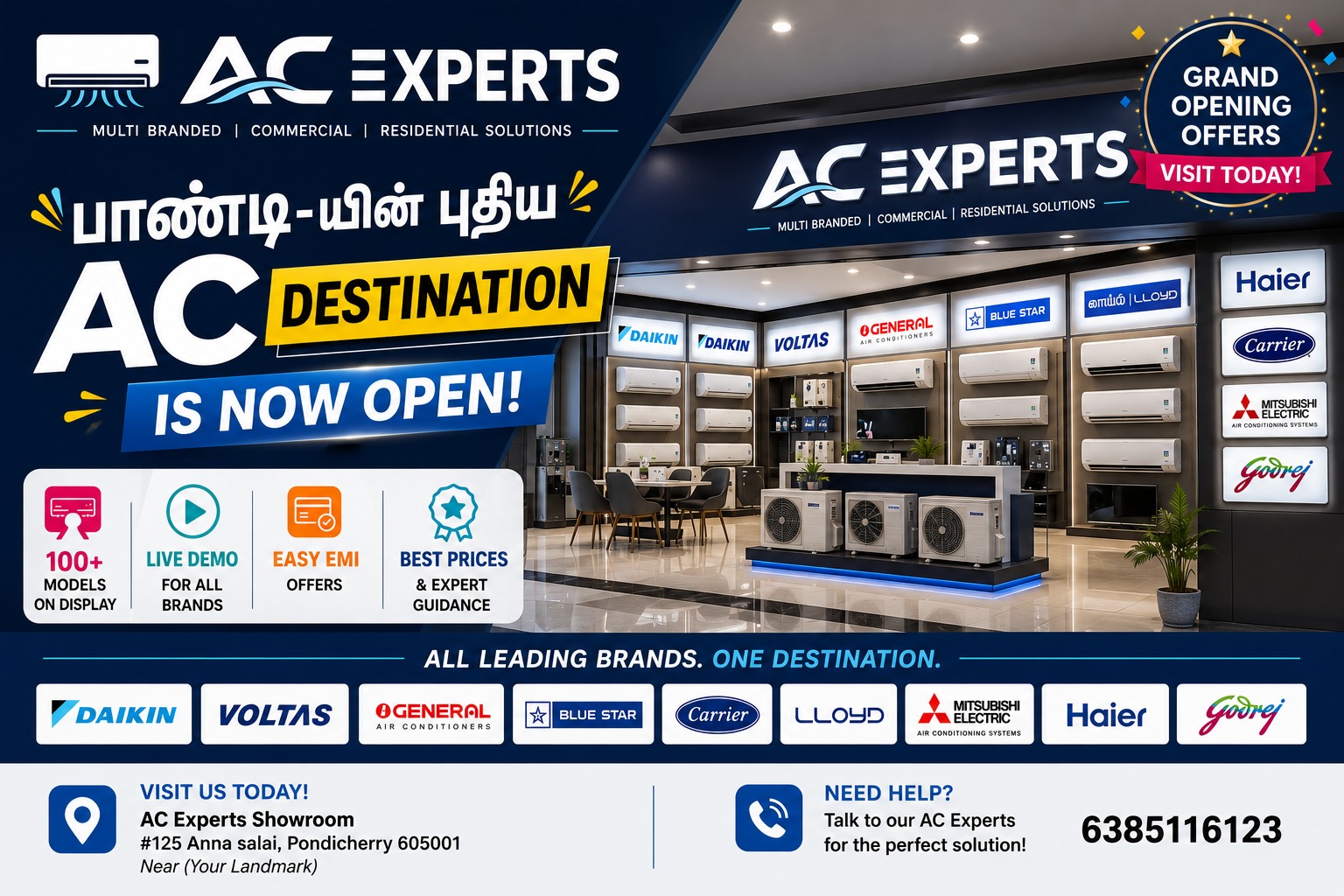 AC Experts showroom interior — wall-mounted AC units from multiple brands on display in Pondicherry